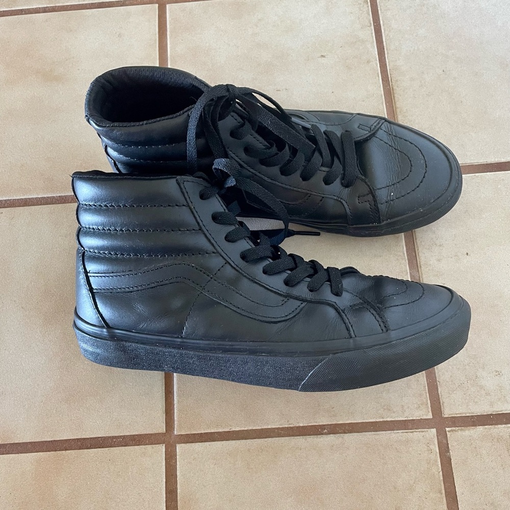All Black Leather High Top Vans